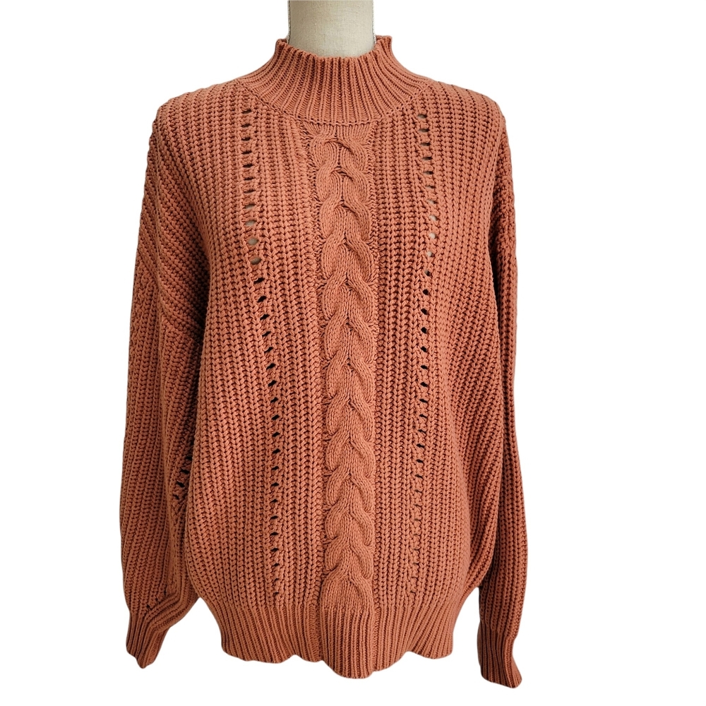Lost + Wander Lasso‎ Thick Cable Knit Mock Neck Oversized Sweater Size M/L